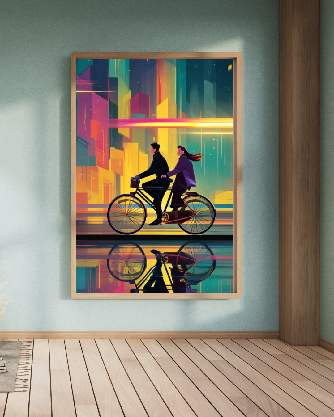Young couple riding a bicycle: Wall Art Print