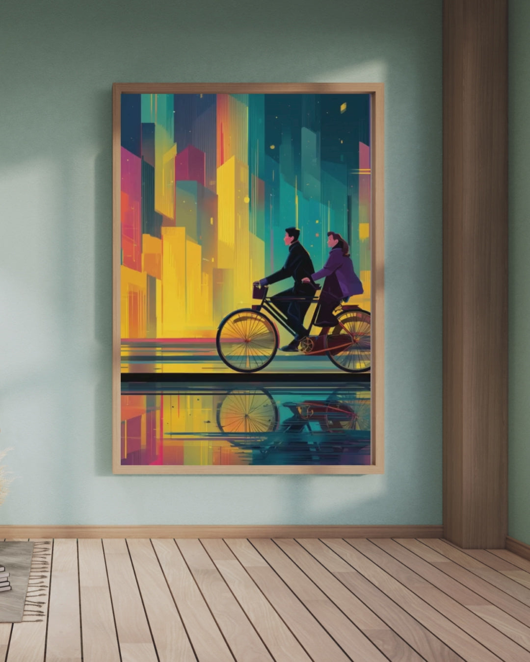 Young couple riding a bicycle: Wall Art Print