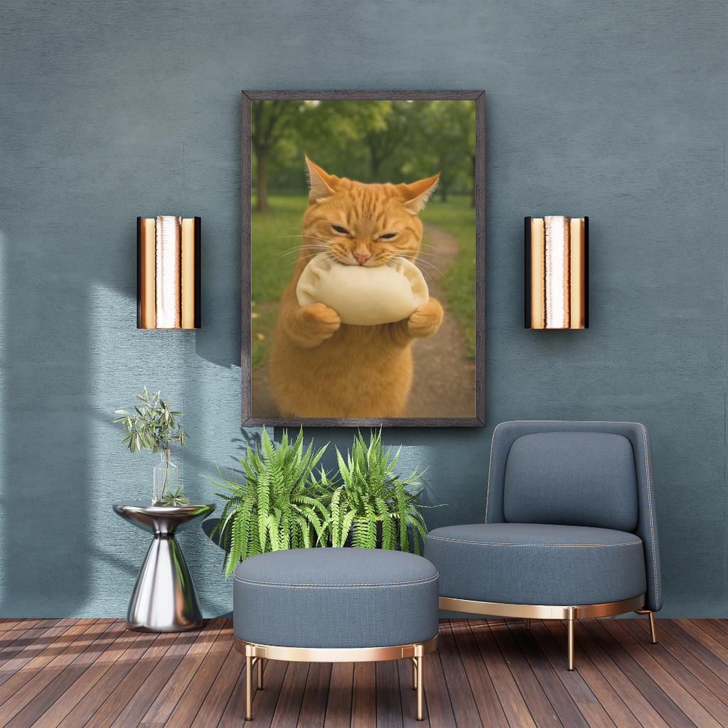 A chubby orange holding a giant dumpling: Wall Art print