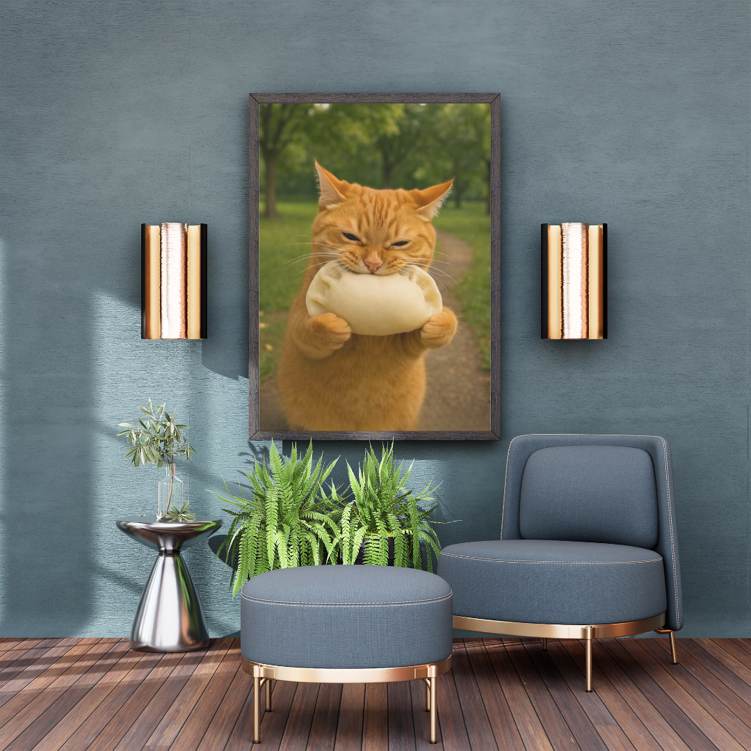 A chubby orange holding a giant dumpling: Wall Art print