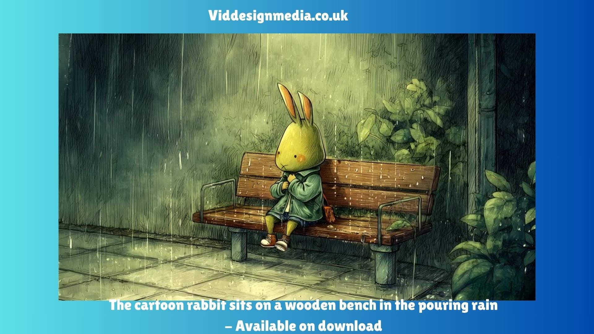cartoon rabbit sits on a wooden bench in the pouring rain (Jpeg n Mp4) Digital download