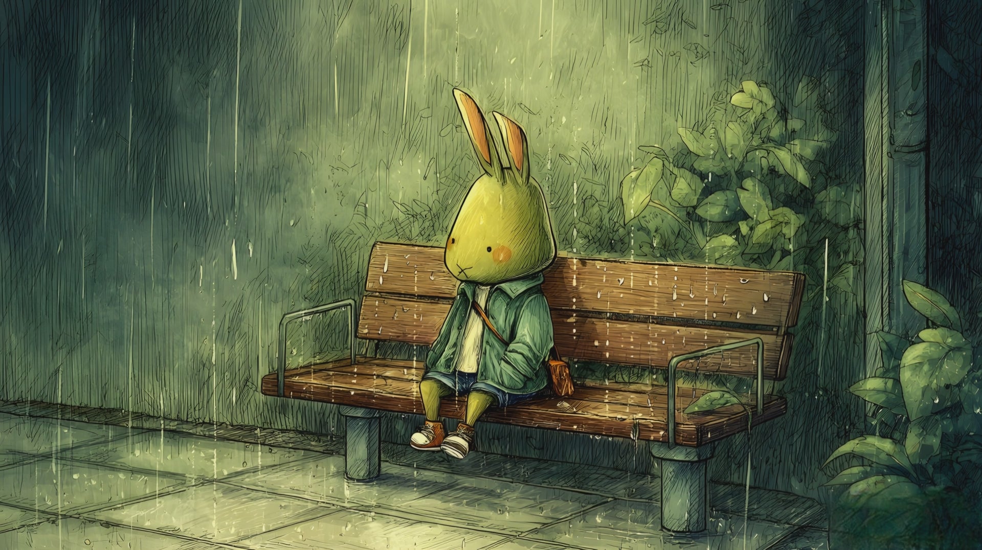 cartoon rabbit sits on a wooden bench in the pouring rain (Jpeg n Mp4) Digital download