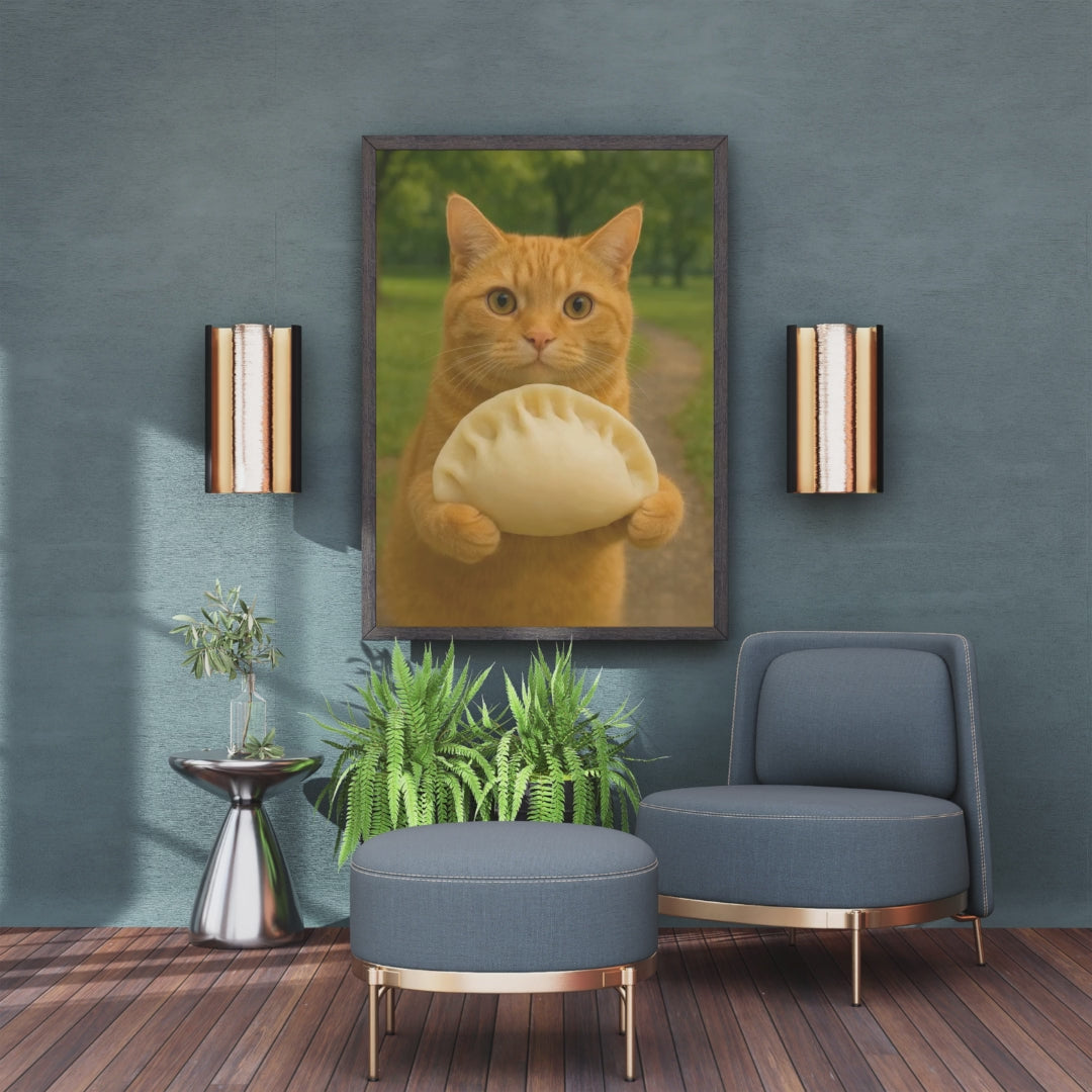 A chubby orange holding a giant dumpling: Wall Art print